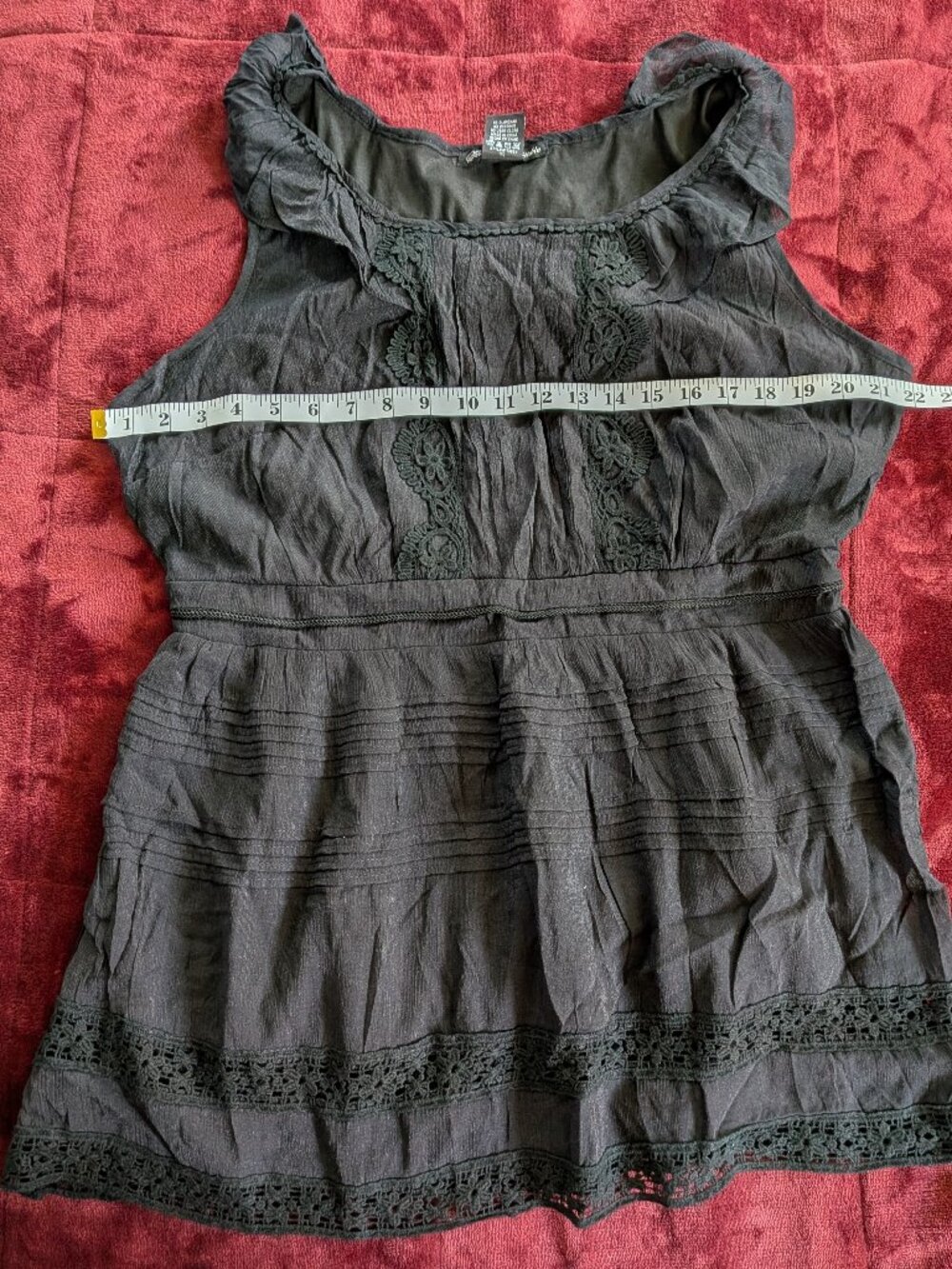Simply Irresistible Black Boho Tiered Ruffle Lace Trim Sleeveless Blouse 1X